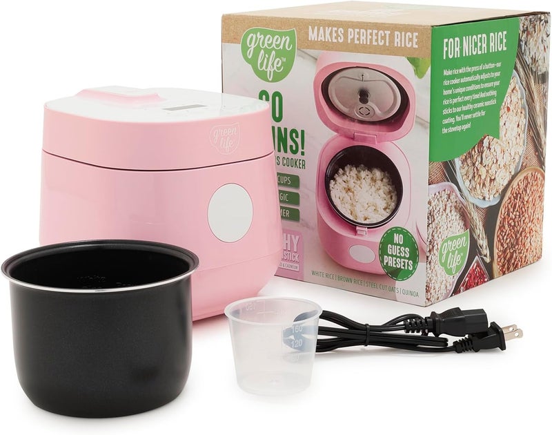 GreenLife Digital Rice Cooker, 2-Cups Uncooked/4-Cups Cooked, Removable Nonstick Ceramic PFAS-Free Pot, One-Touch Presets, Oats, Quinoa, Brown Rice, Auto Keep Warm, Fuzzy Logic Tech, 1.5QT, Pink - Image 1